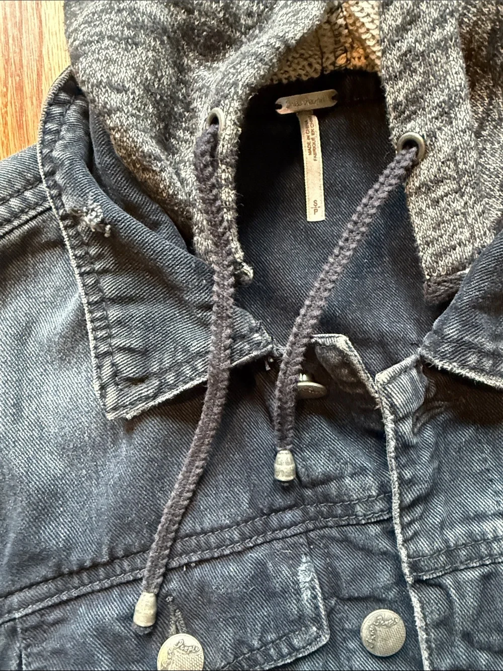 Free People Hooded Denim Jacket with Knit Sleeves - Gray/Black - Picture 8 of 10